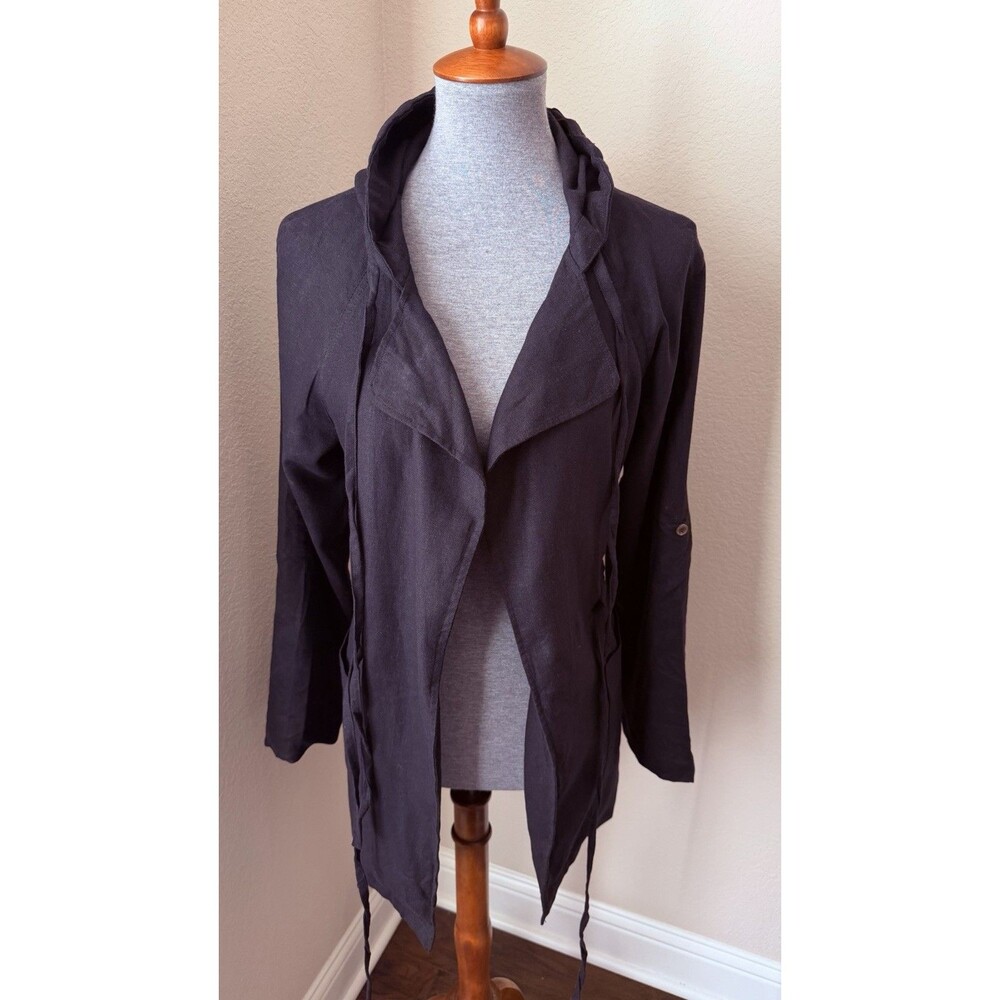 Love Tree Size Small Black Linen Blend Long Sleeve Hooded Tie-Waist Jacket - NWT